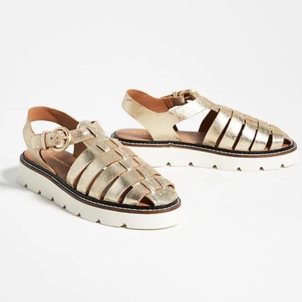 Anthropologie Metallic Gold Fisherman Sandals